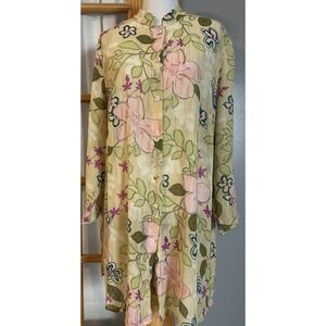 90s JH Collection Floral Tunic Blouse Womans 3X Pink Green Buttons Boho Romantic